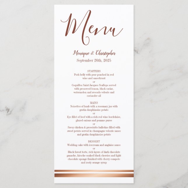 Élégant Rose Gold Cuivre Blanc Mariage Menu (Devant)