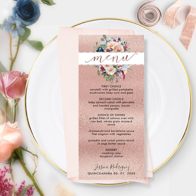 Elégant Rose Gold Pastel Floral Quinceañera Menu (Créateur téléchargé)