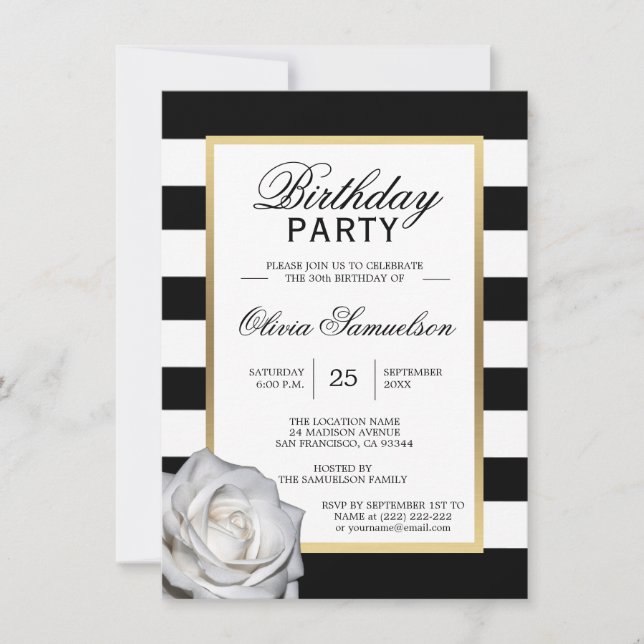 Élégant Rose noir blanc Invitation de fête d'anniv (Devant)