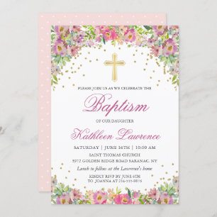 Élégant rose Or Floral Girl Baptism Invitation