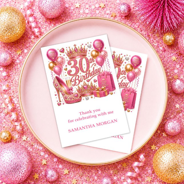 Élégant Rose Pailleté 30e Anniversaire Or Merci  (Elegant Pink Sparkle 30th Birthday Gold Thank You Card

)