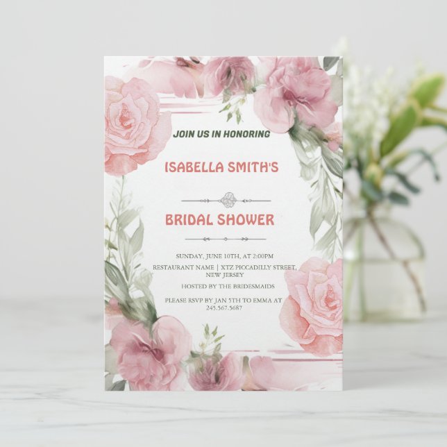 Elégant rose rose Fleur nuptiale Douche Invitation (Debout devant)