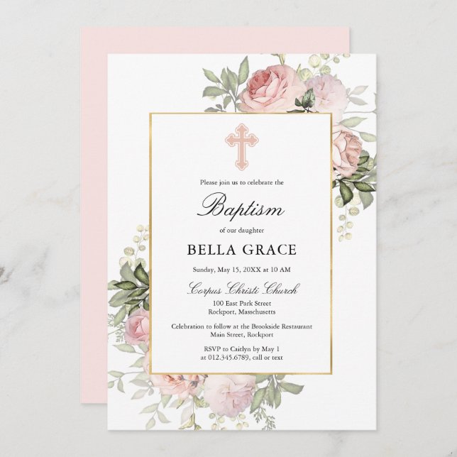Élégant rose Rose Floral Baptism Invitation (Devant / Derrière)