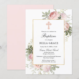 Élégant rose Rose Floral Baptism Invitation