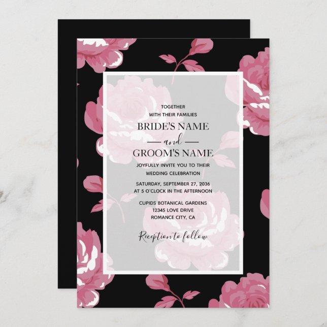 Elégant rose Vintage Roses mariage Invitations (Devant / Derrière)