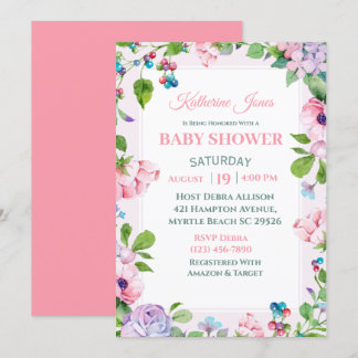 Elégant rose violet Baby shower Floral Invitation