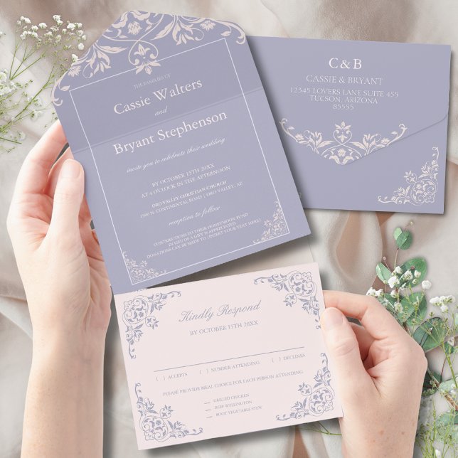Élégant rose violet tout en un Faire-part de maria (elegant lavender purple and blush pink chic all in one wedding invitation with rsvp card attached)