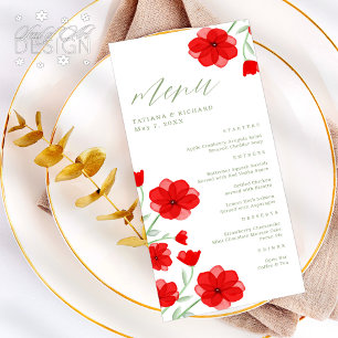 Elégant rouge Aquarelle Poppy Floral Mariage Menu