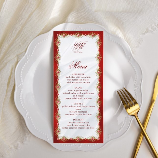 Élégant Rouge Blanc Or Monogramme Mariage Menu (Créateur téléchargé)