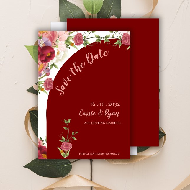 Elégant rouge et bracelet arc floral Enregistrer l (Elegant Red and Peach Floral Arch Save the Date Invitation)