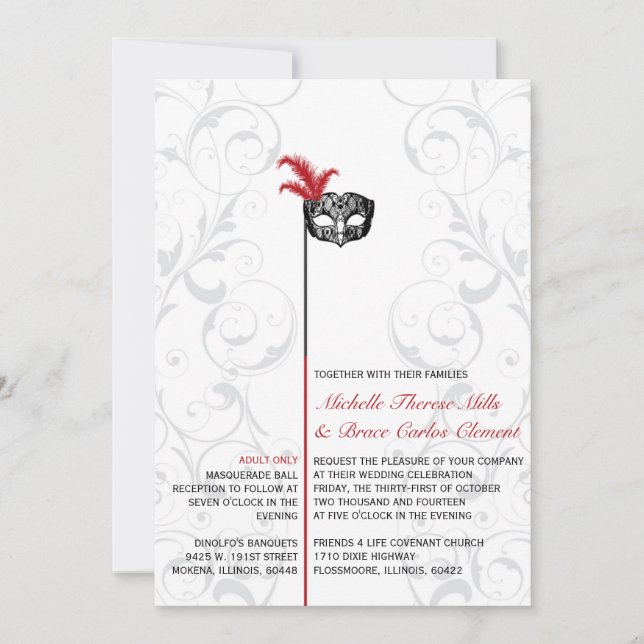 Elégant rouge noir mascarade mariage Invitations (Devant)