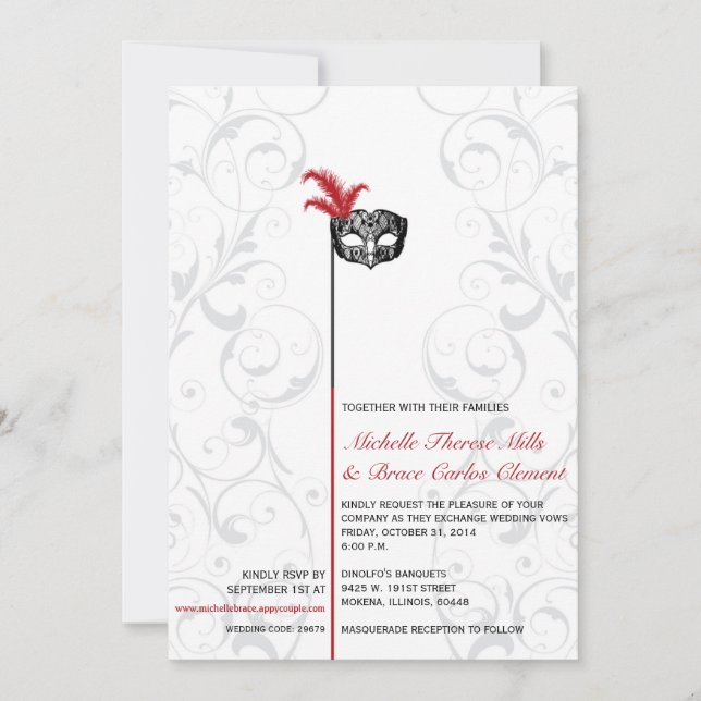 Elégant rouge noir mascarade mariage Invitations (Devant)
