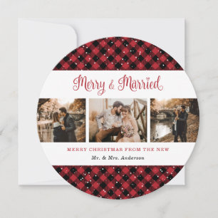 Élégant Rouge Plaid Newlyweds Cartes de Noël
