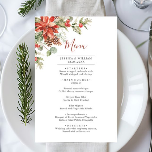 Elégant Rouge Poinsettia - Menu de mariage d'hiver (Créateur téléchargé)