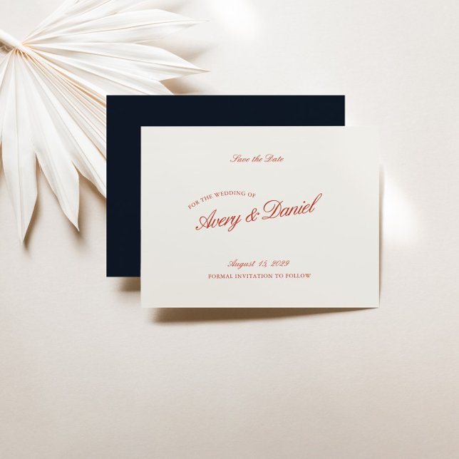 Elégant rouge rétro & bleu profond Enregistrer la  (Elegant Retro Red & Deep Blue Save the Date Card)