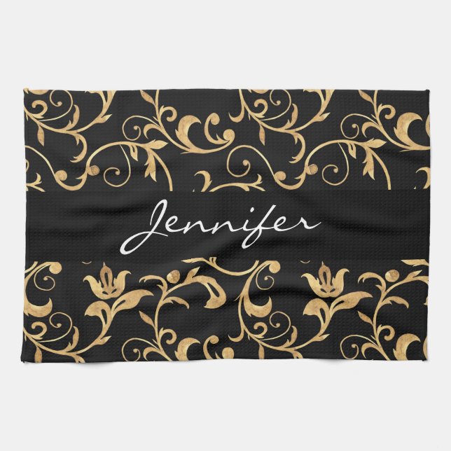 Élégant Royal Black and Gold Damask Serviette de c (Horizontal)