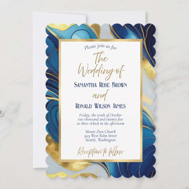 Elégant Royal Blue et Gold Faire-part de mariage (Devant)
