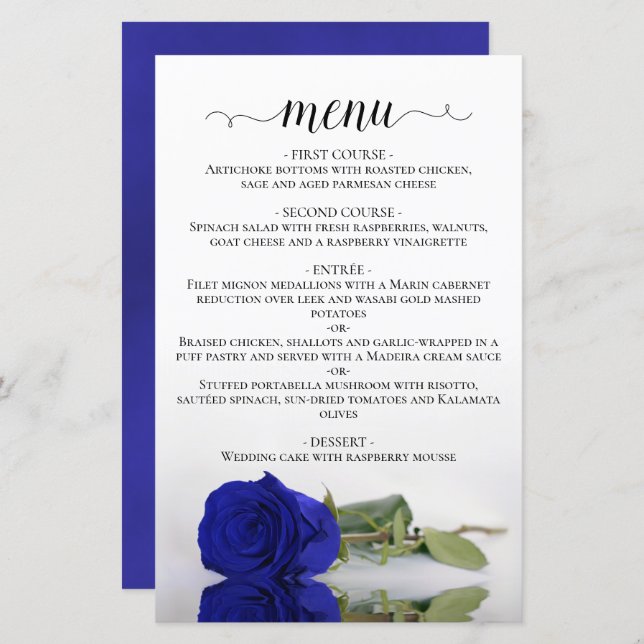 Elégant Royal Blue Rose Budget Mariage Menu (Devant / Derrière)
