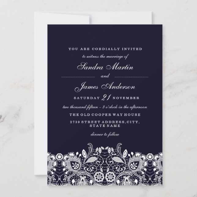 Elégant Royal Blue White Lace Mariage Invitation (Devant)