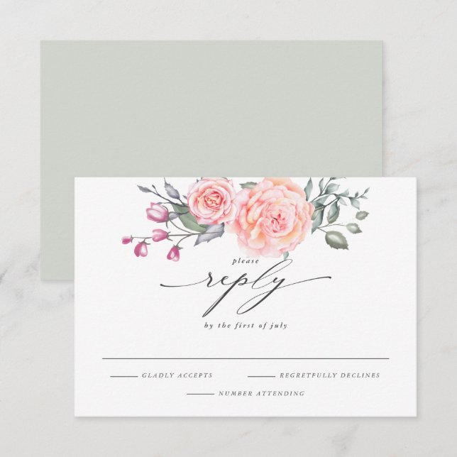 Elégant RSVP Rustique Aquarelle Cottage Roses Rose (Devant / Derrière)