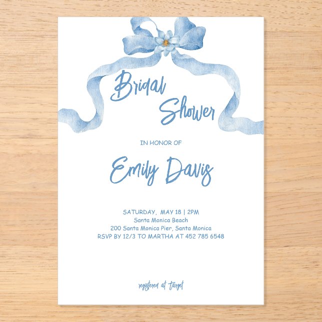 Élégant ruban Bleu Bridal Shower Invitation (Recto)