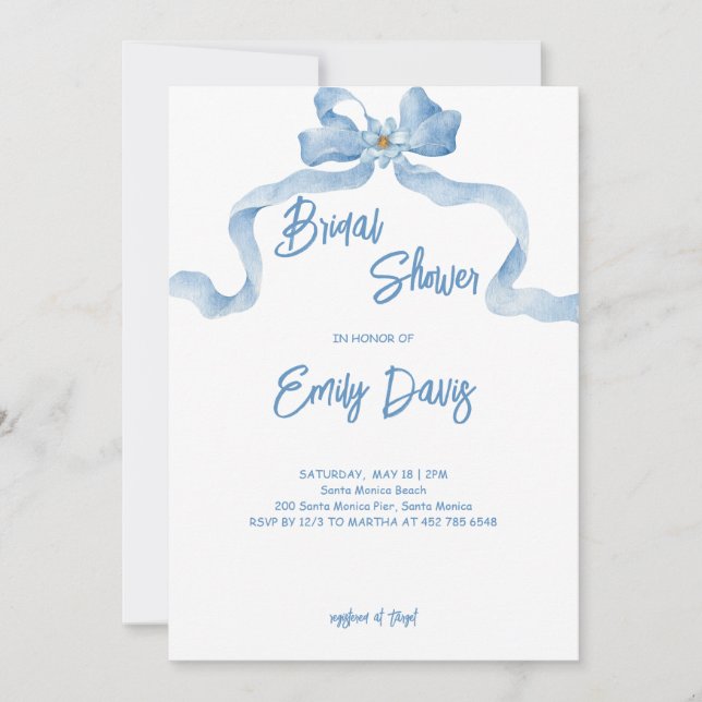 Élégant ruban Bleu Bridal Shower Invitation (Devant)