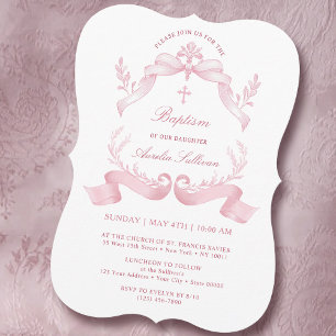 Élégant rubans roses Baptême Invitation
