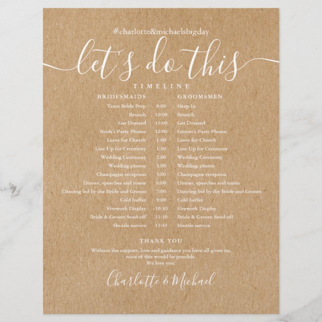Elégant Rustic Kraft Mariage Horaire (Devant)