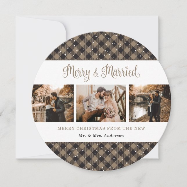 Élégant Rustic Plaid Newlyweds Cartes de Noël (Devant)