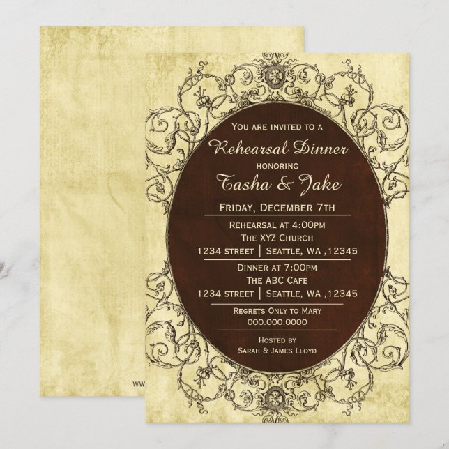Élégant Rustic Vintage Rehearer Dîner Invitation (Devant / Derrière)