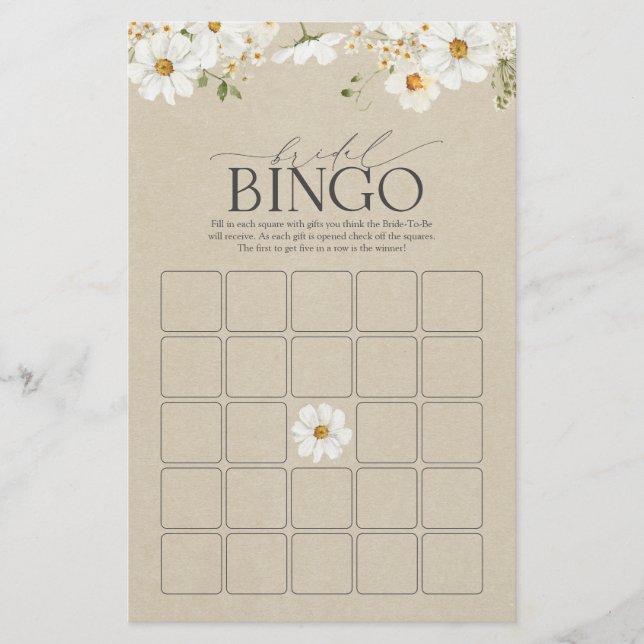Elégant Rustic Watercolor Daisy Bridal Bingo Jeu (Devant)