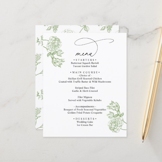 Elegant Sage Floral Modern Script Wedding Menu (Devant/Arrière en situation)