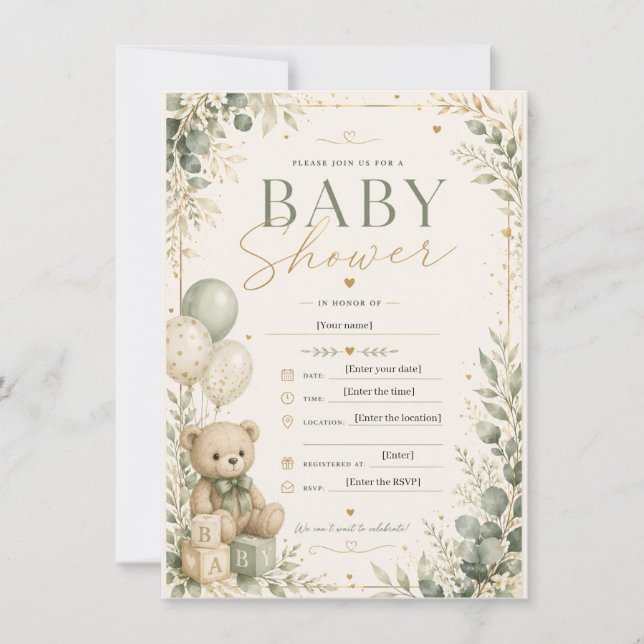 Elegant Sage Green Baby Shower Invitation | Teddy  (Devant)