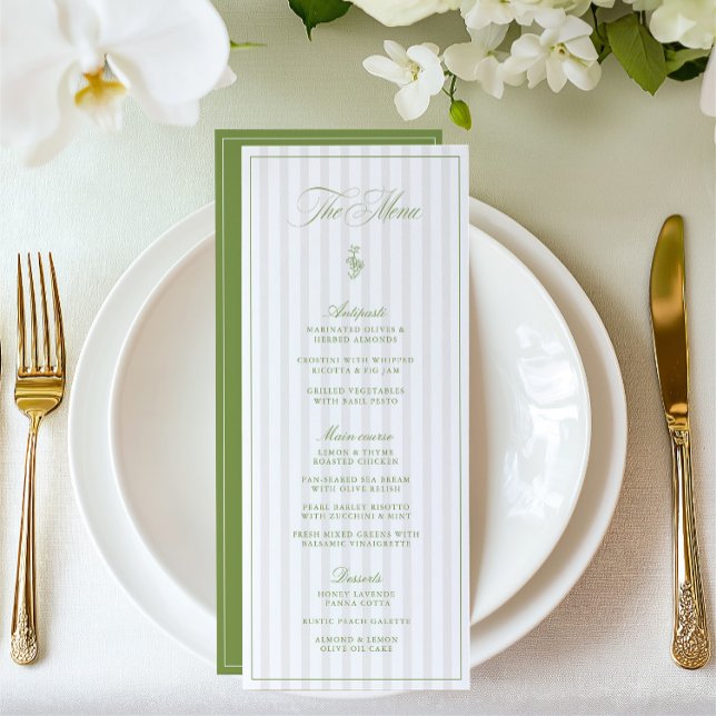 Elégant Sage Green & Beige Striped Mariage Menu (Elegant Sage Green & Beige Striped Wedding Menu)