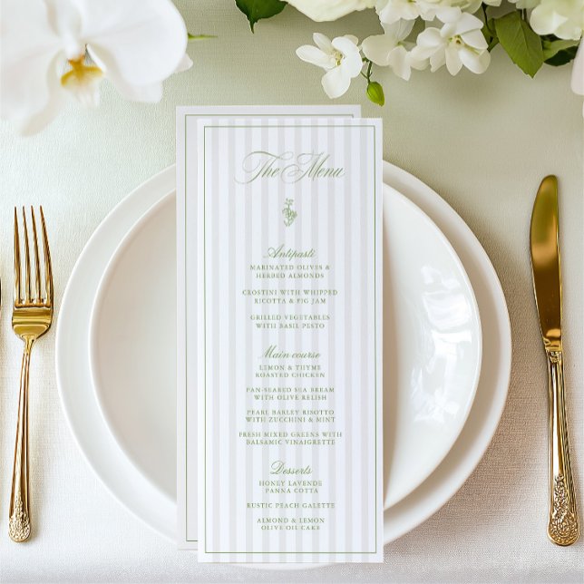 Elégant Sage Green & Beige Striped Mariage Menu (Elegant Sage Green & Beige Striped Wedding Menu)