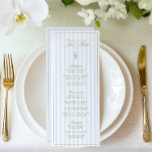 Elégant Sage Green & Blue Stried Mariage Menu<br><div class="desc">Une carte de menu mariage raffinée conçue avec des rayures verticales vertes et bleues à la sauge douce, des polices serif intemporelles et des accents de script romantiques. Des initiales personnalisées apparaissent au verso (facultatives et entièrement modifiables). Idéal pour les mariages de jardin, les réceptions d'été ou les célébrations classiques...</div>