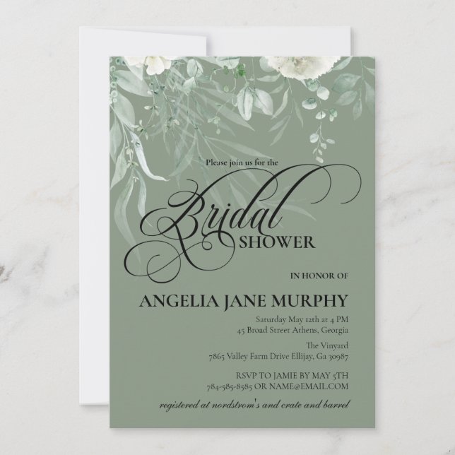 Elegant Sage Green Bridal Shower Invitation (Devant)