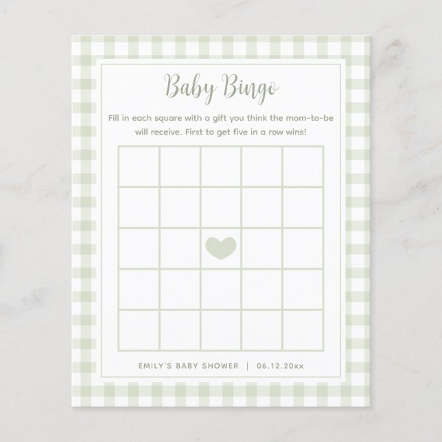 Elégant Sage Green En vichy Baby shower Bingo Jeu (Devant)