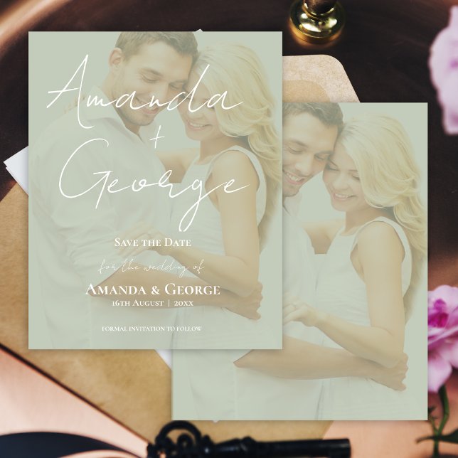 Elégant Sage Green Faux Vellum Photo Enregistrer l (Elegant Sage Green Faux Vellum Photo Save the Date)