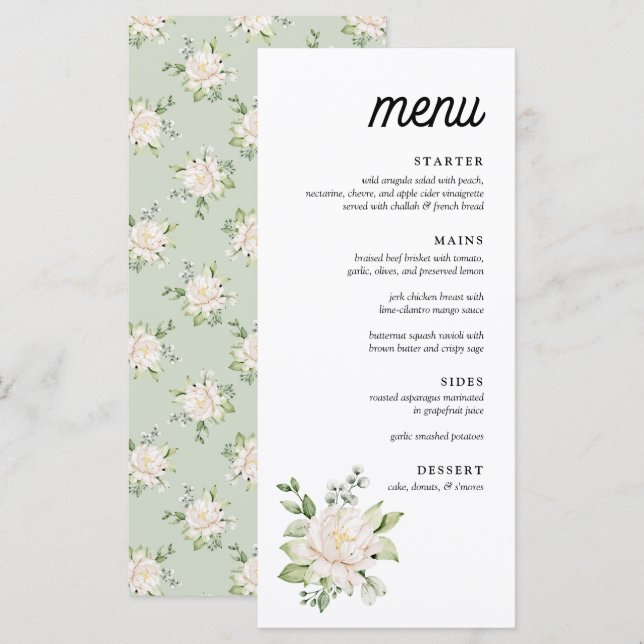 Elégant Sage Green Floral Peony Menu Dîner (Devant / Derrière)