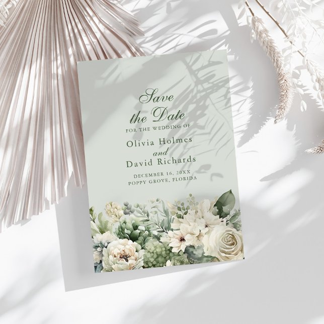 Elegant Sage Green Floral Save The Date Card (Elegant Sage Green Floral Save The Date Card on a sunny table with boho dry botanicals)
