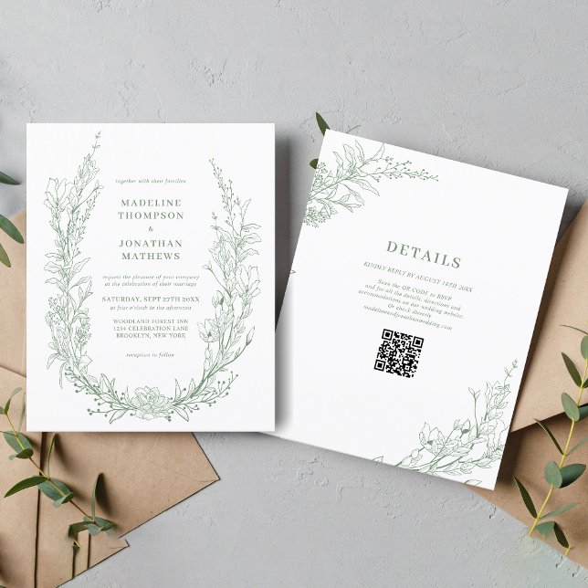 Elegant Sage Green Floral Wreath QR Code Wedding (Créateur téléchargé)