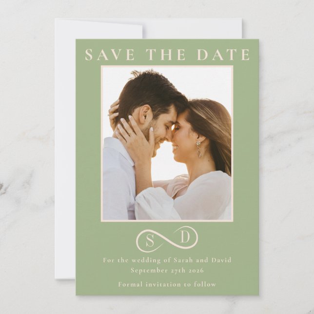 Elegant Sage Green Infinity Monogram Save the Date (Devant)