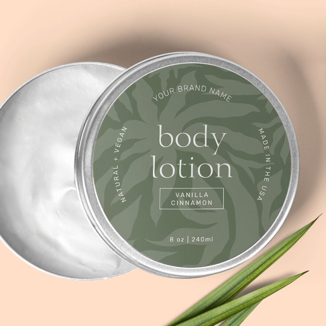 Élégant Sage Green Lotion Jar Round Étiquette prod (Elegant sage green round product label with fully editable text & colors)