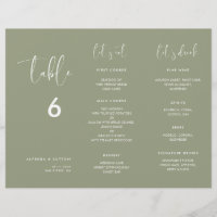 Elégant Sage Green Menu & Numéro de table triplé