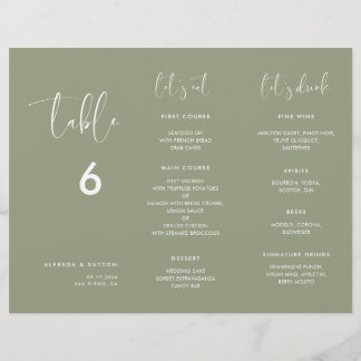 Elégant Sage Green Menu & Numéro de table triplé