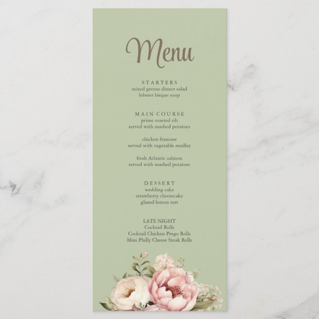 Elegant Sage Green Peony Floral Wedding Menu (Devant)