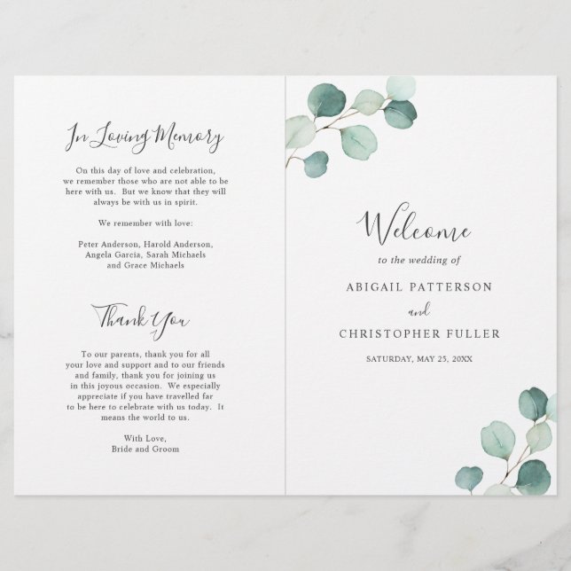 Elégant Sage Green Programme de mariage Eucalyptus (Devant)