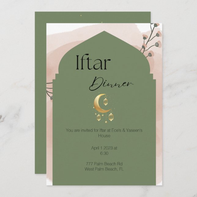 Elégant Sage Green Ramadan Iftar Invitation (Devant / Derrière)