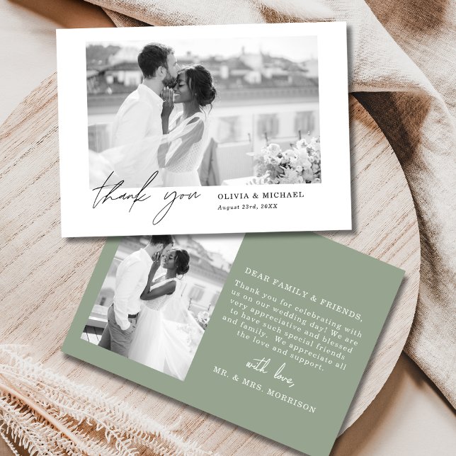 Élégant Sage Green Script Photo Mariage Merci (Créateur téléchargé)